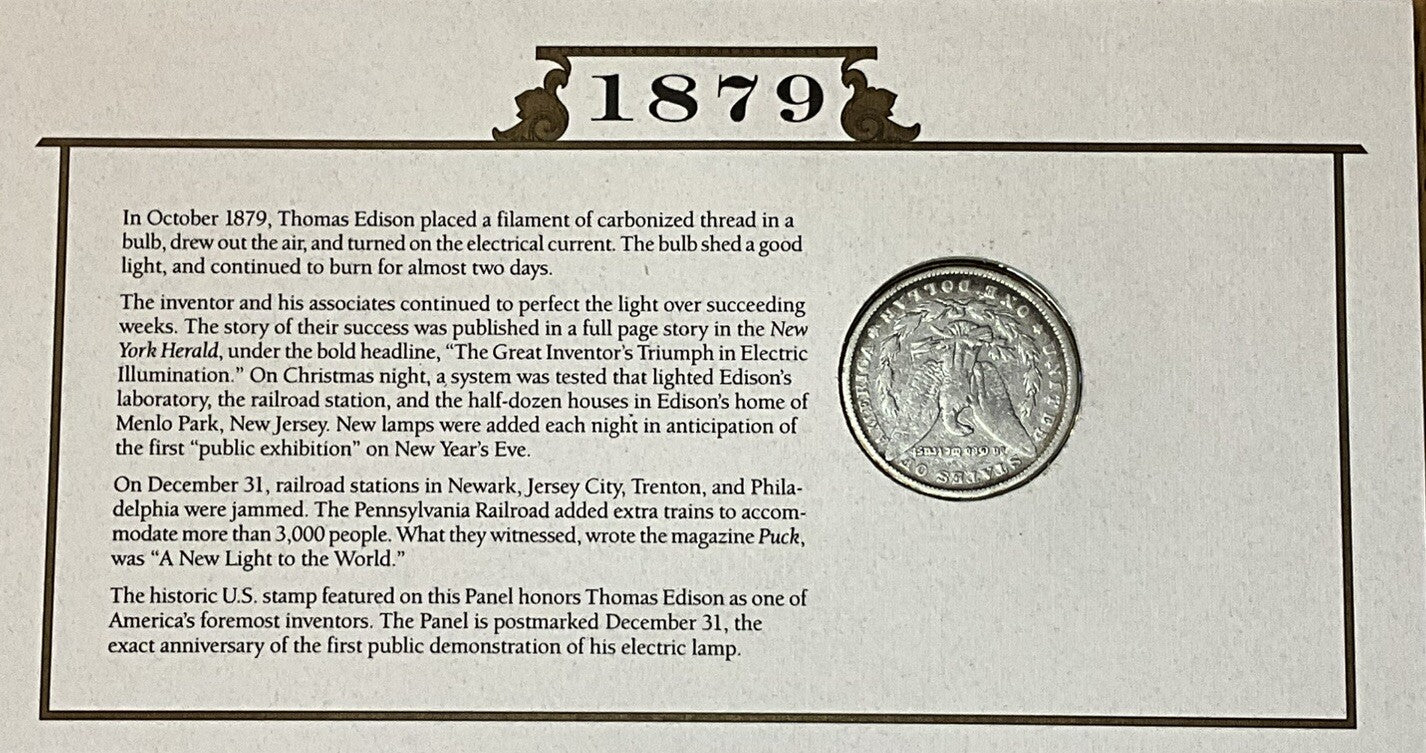 🔥 US Silver Dollar Collection -1879-P ~ Thomas Edison 3c Stamp Cancelled 1993