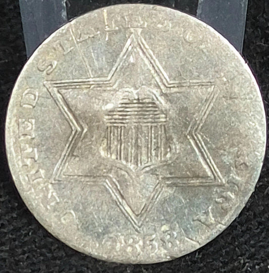 1858 3 Cent Silver Trime ~ Fine, Type II Double Border on Stars .750 SILVER Coin