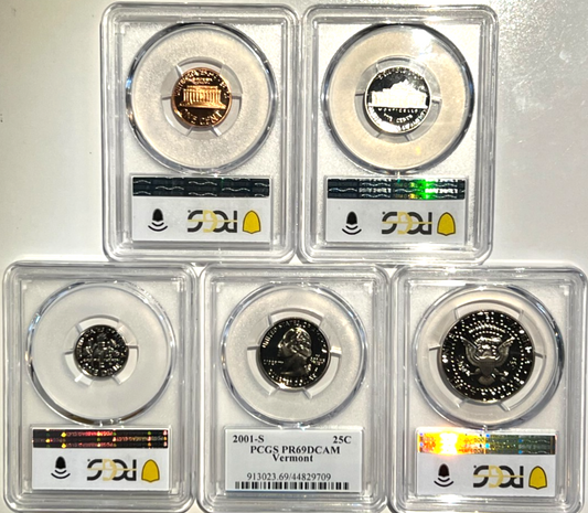⭒ 2001-S Proof Set Date 5 Coin Newly Graded PCGS PR69 DCAM Perfect Gift