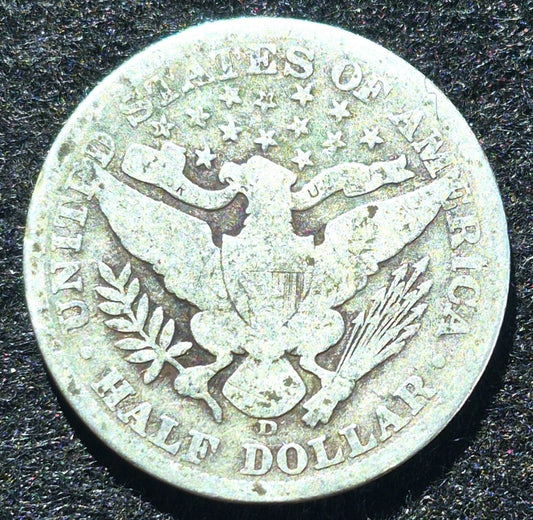 1907 D Barber Half Dollar 90% Silver 50C Circulated Condition