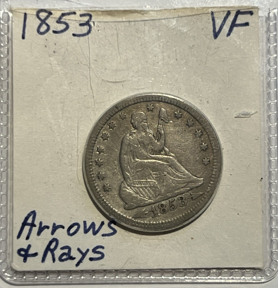 ⭐️ 1853 Arrows and Rays Seated Liberty Quarter Very Fine VF Coin 90% Silver