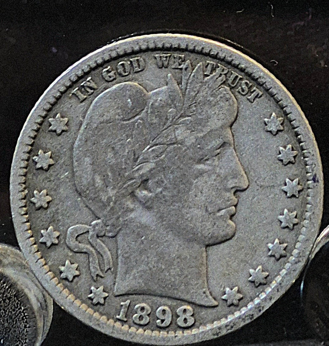 1898 Barber Silver Quarter 90% SILVER Vintage Coin VG-F Circulated Features 50C