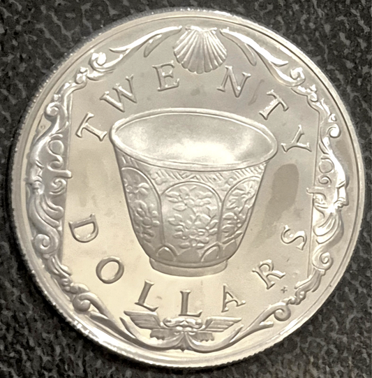 OGP 1985 $20 Dollar B.V. Islands TREASURE Porcelain Cup Proof .925% Silver Coin
