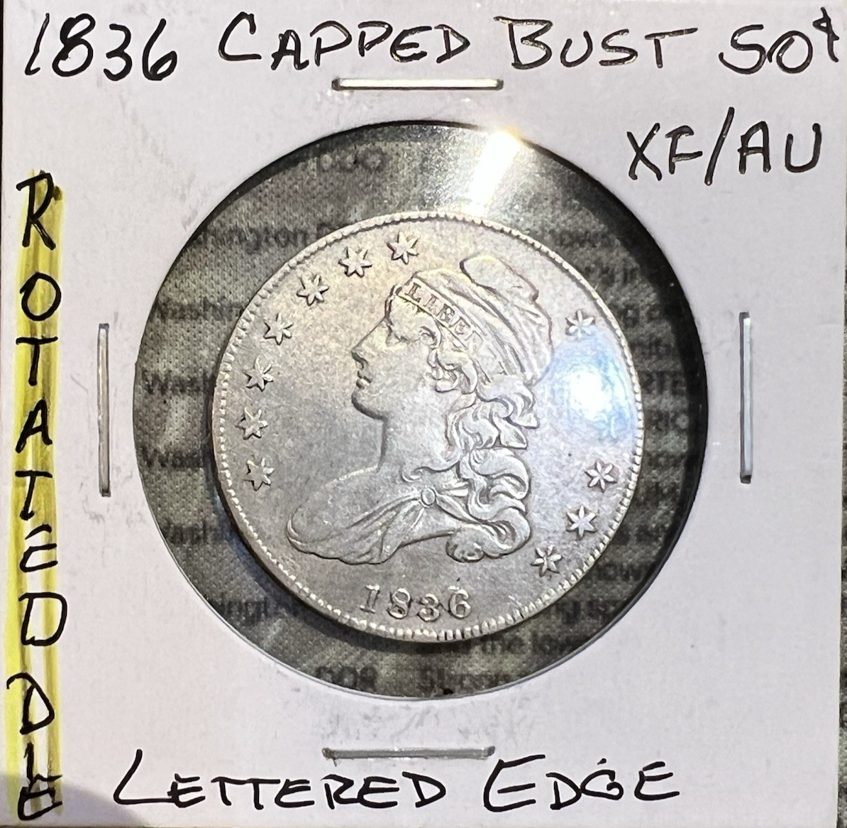 1834 Capped Bust Half Dollar Lettered Edge ROTATED DIE Beaded Border 50c Coin