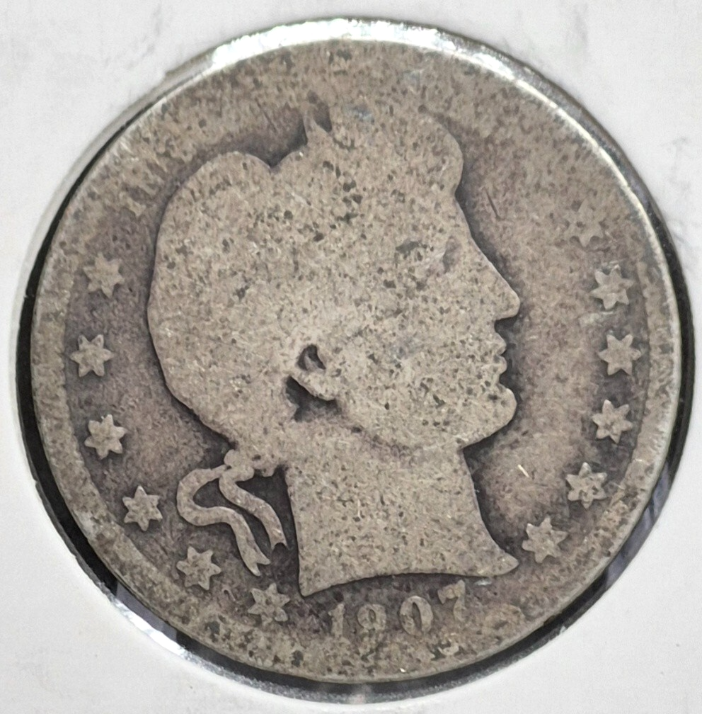 1907 Barber Silver Quarter 90% SILVER Coin Raw Circulated AG Condition or Less