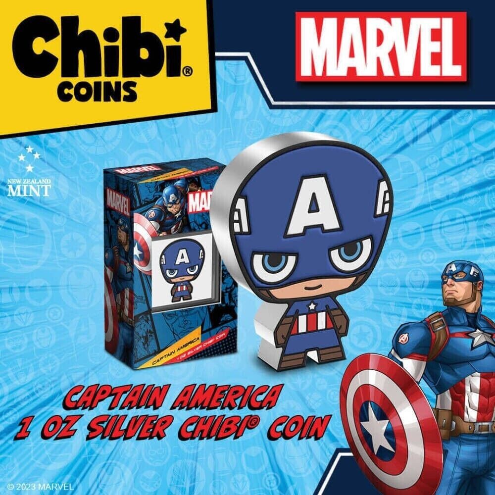 2023 Marvel Captain America 1oz .999 Fine Silver Colorized Proof Chibi Niue Coin
