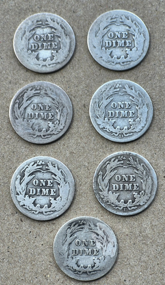 LOT OF 7 BARBER DIMES 1901, 1903, 1907, 1907D, 1911, 1911D, 1914, Good Features