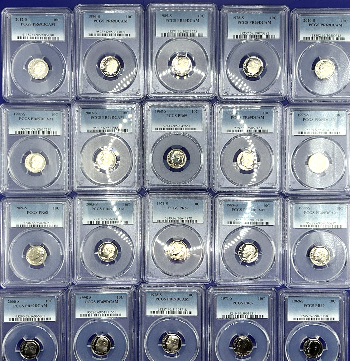 {20} Roosevelt Dime Proof Coins PCGS PR69DCAM + PCGS Hard Case & 100 Coin Bags