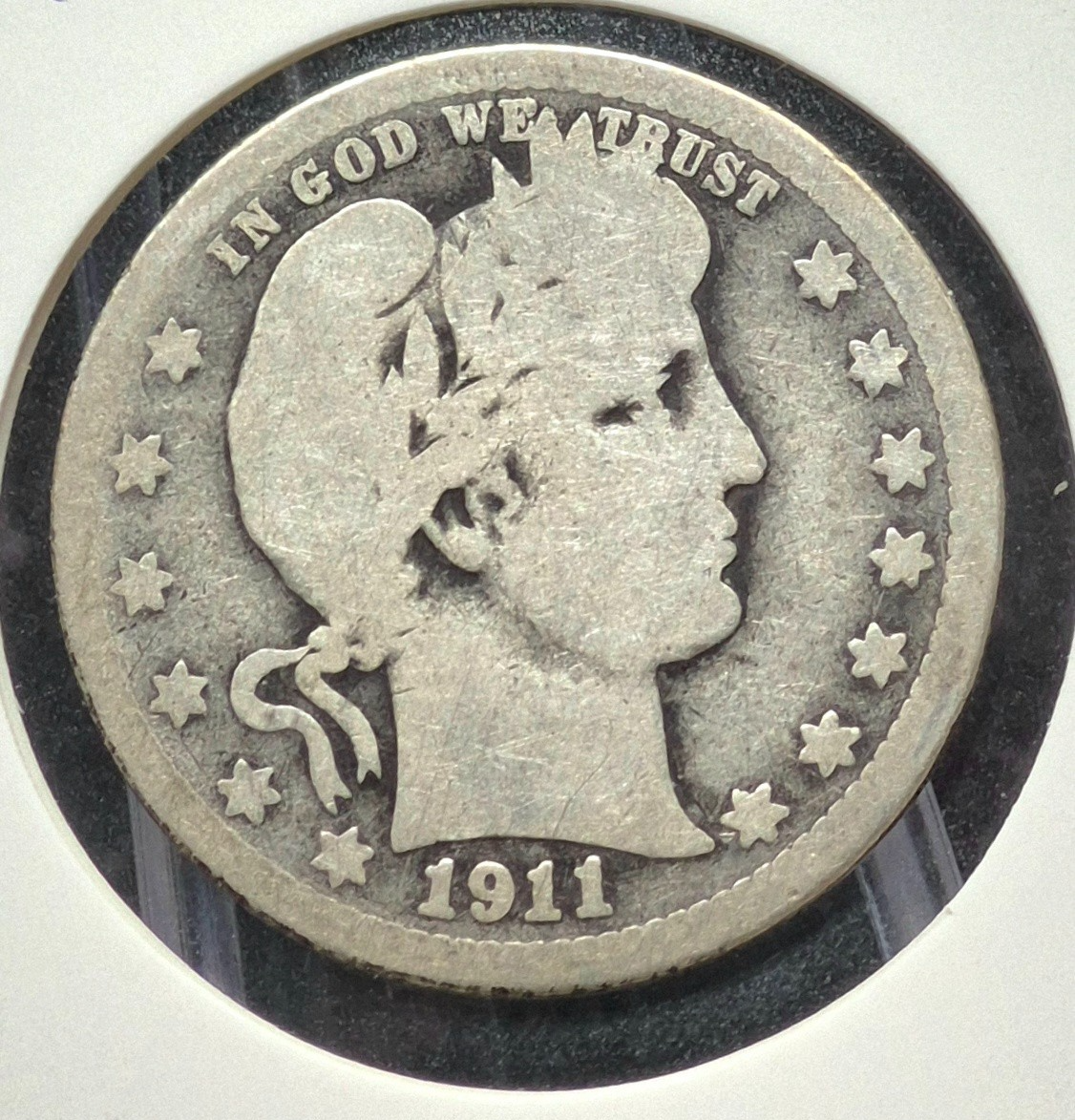 1911 Barber Silver Quarter 🥈90% SILVER Coin Very Good Condition Partial Motto
