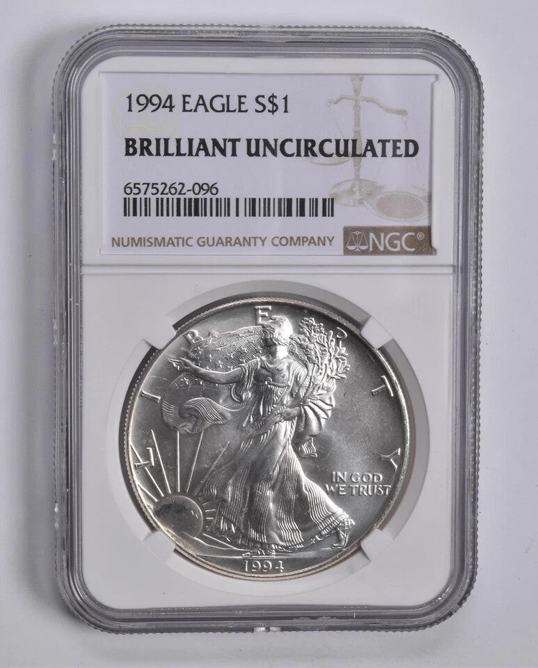 BU 1994 American Silver Eagle $1 NGC Brilliant Uncirculated Brown Label Cracked