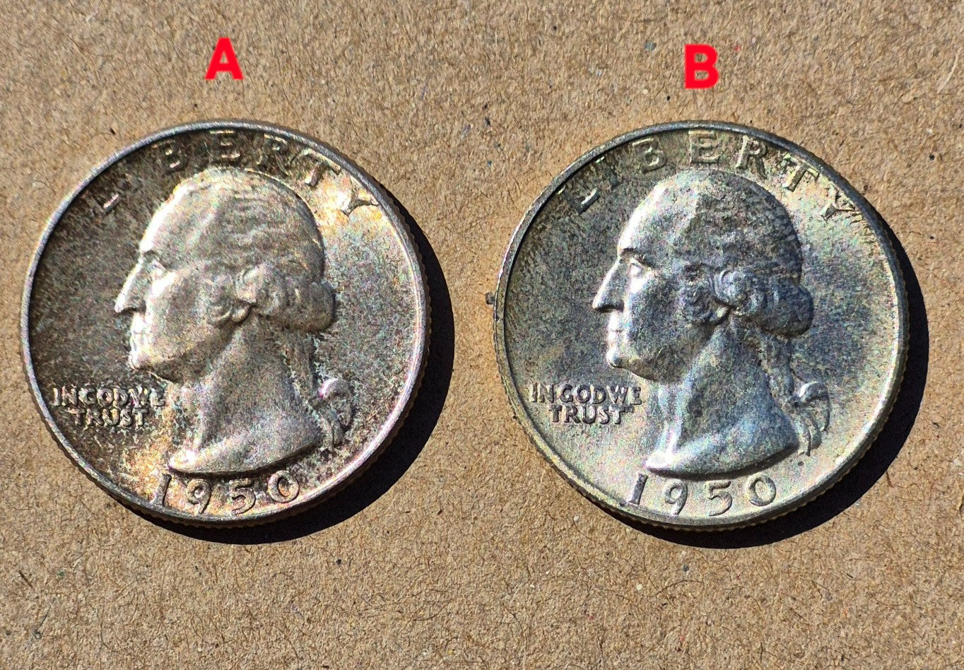 (2)1950P GEM BU Washington End Coins OBW US Treas 90% Silver Quarter TONER ALERT