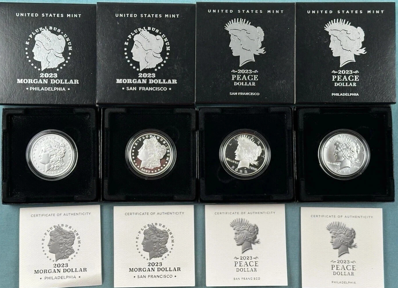 {4 Coin Set} 2023 Morgan & Peace Silver Dollars Unc & Proof OGP BOX COA .9999