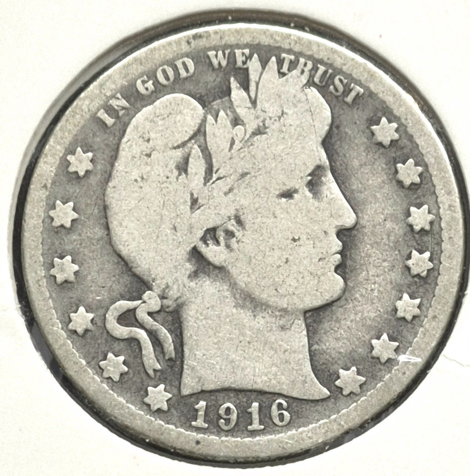 1916 D Barber Quarter 🥈90 % SILVER Good Condition Partial Motto Last Yr Minted