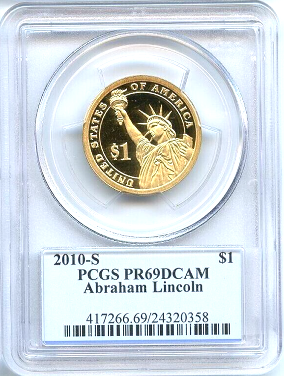 ✅ 2010 S $1 Abraham Lincoln PCGS PR69 DCAM Presidential Dollar Coin Photo