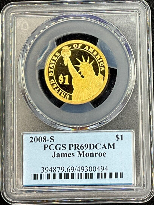 ✅ 2008-S $1 James Monroe PCGS PR69 DCAM Presidential Dollar Coin Photo Label