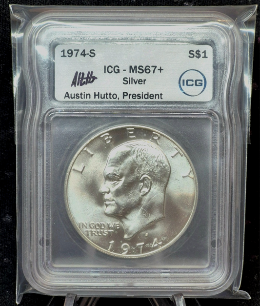 😎1974-S Eisenhower $1 Silver 40% MS67+ ICG 🔥Signed by Ustin Hutto, President🔥