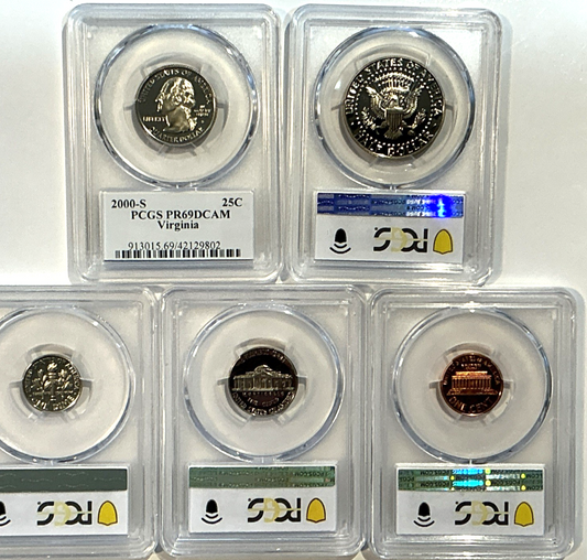 2000-S Proof Set Date 5 Coin Newly Graded PCGS PR69 DCAM Perfect Gift