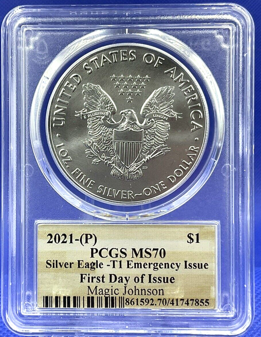 🏀 2021 (P) MAGIC JOHNSON AUTOGRAPH .999 $1 Silver Eagle PCGS MS70 FDOI POP 21