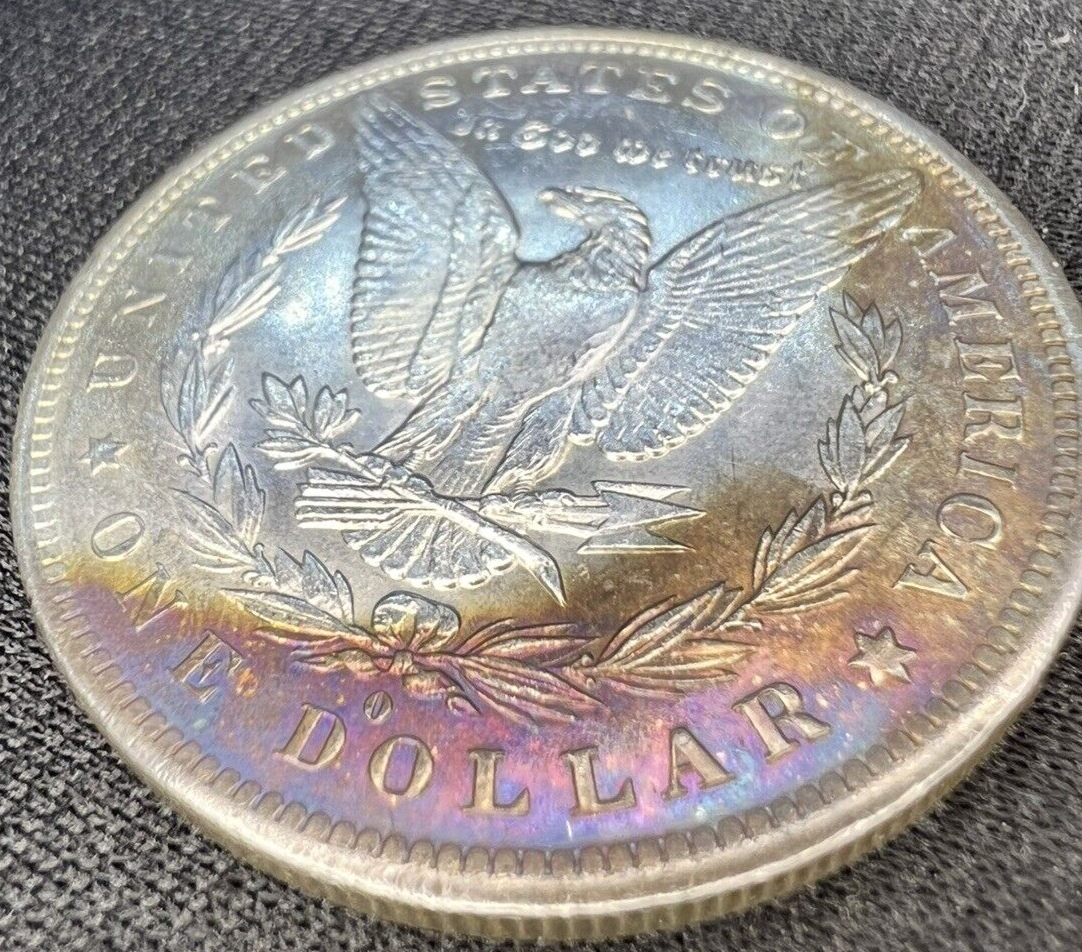1883 O Morgan Dollar Silver MS $1 Gold & Blue Steel Tone Coin Obverse DIE CRACK