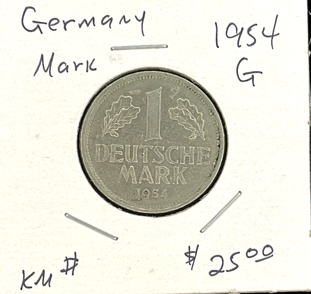 1954 G German 1 Mark Coin Old Holder w/ Writing KEY DATE