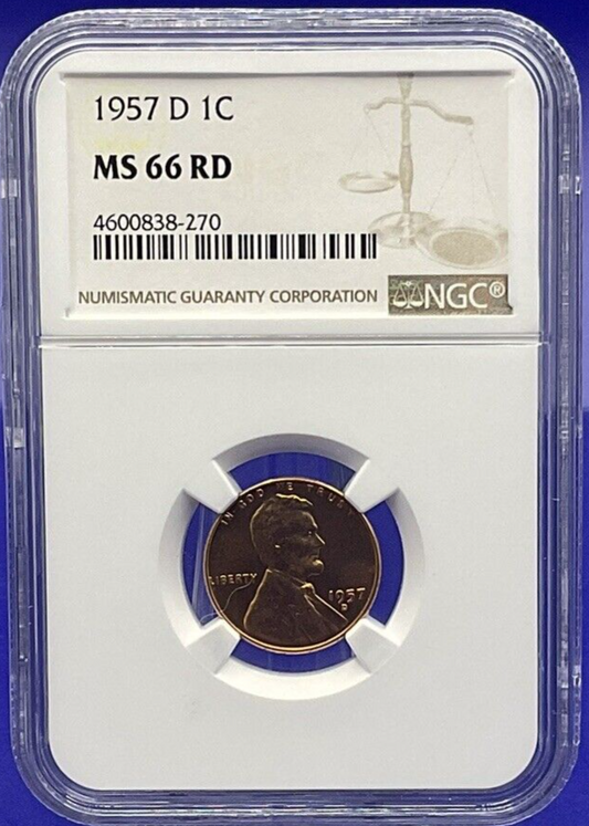 🏆 1957-D LINCOLN WHEAT CENT 1C NGC MS 66 RD 🔥 Fire Red Color UNCIRCULATED Coin
