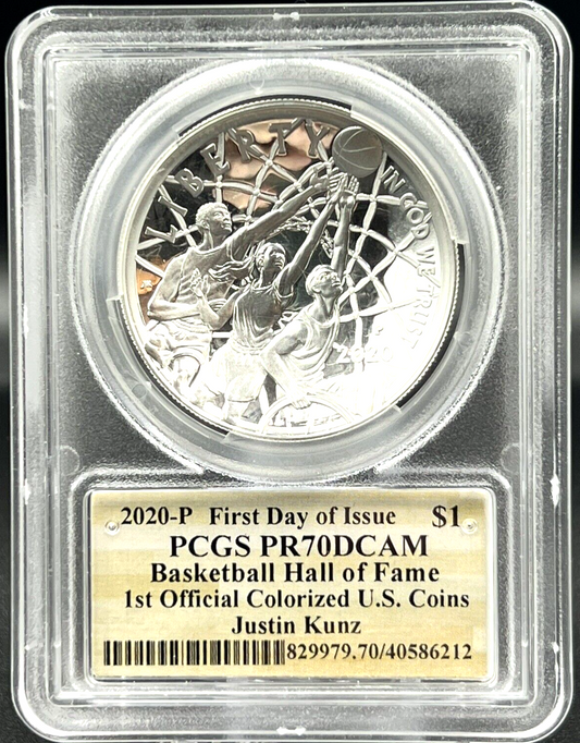 2020-P Basketball HOF PCGS PR70 DCAM FDOI 1st Official Colorized J. Kunz AUTO