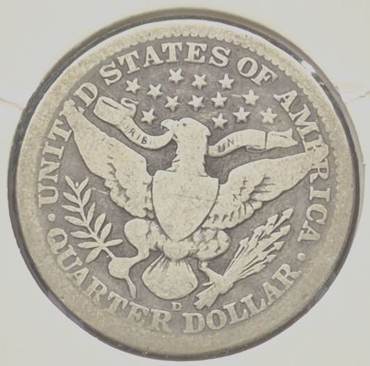 1916 D Barber Quarter 🥈90 % SILVER Good Condition Partial Motto Last Yr Minted