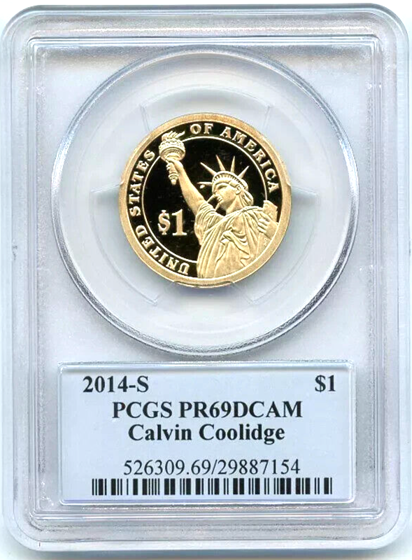 ✅ 2014 S $1 Calvin Coolidge Dollar PCGS PR69 DCAM Presidential Dollar Coin Photo