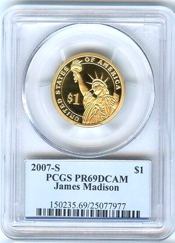 ✅ 2007-S $1 James Madison PCGS PR69 DCAM Presidential Dollar Coin Photo Label