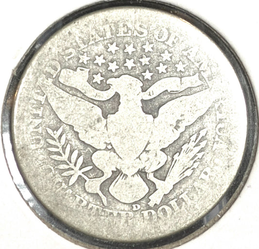1914 D Barber Silver Quarter 90 % SILVER About Good Condition Partial Motto
