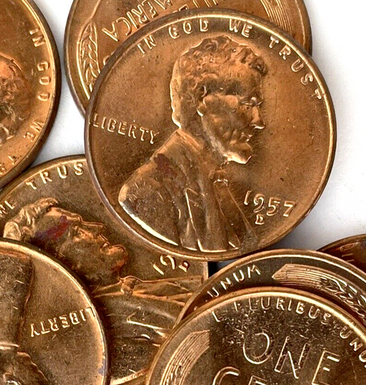 SET of 2 β
1957 - P&D Lincoln Wheat 1c BRILLIANT UNCIRCULATED From OBW Roll