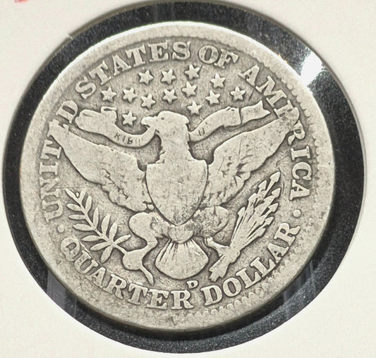 1909 D Barber Silver Quarter 🥈90% SILVER 🥈Coin Circulated Good Condition