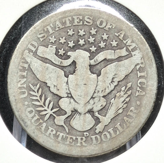 1908 D Barber Silver Quarter 🥈90% SILVER Coin Very Good Condition Partial Motto