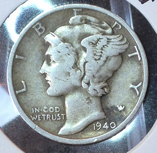 1940-S Mark Mercury Silver Dime Very Fine FS-10-1940S-501 RPM Re-punched Mint