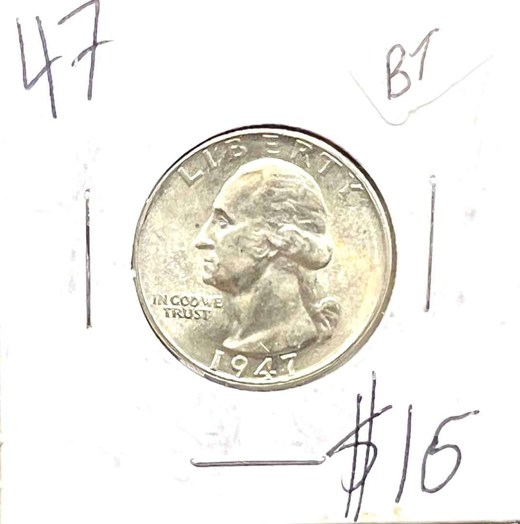 1947-P Washington Quarter 90% Silver 25c Super Shiny White Coin
