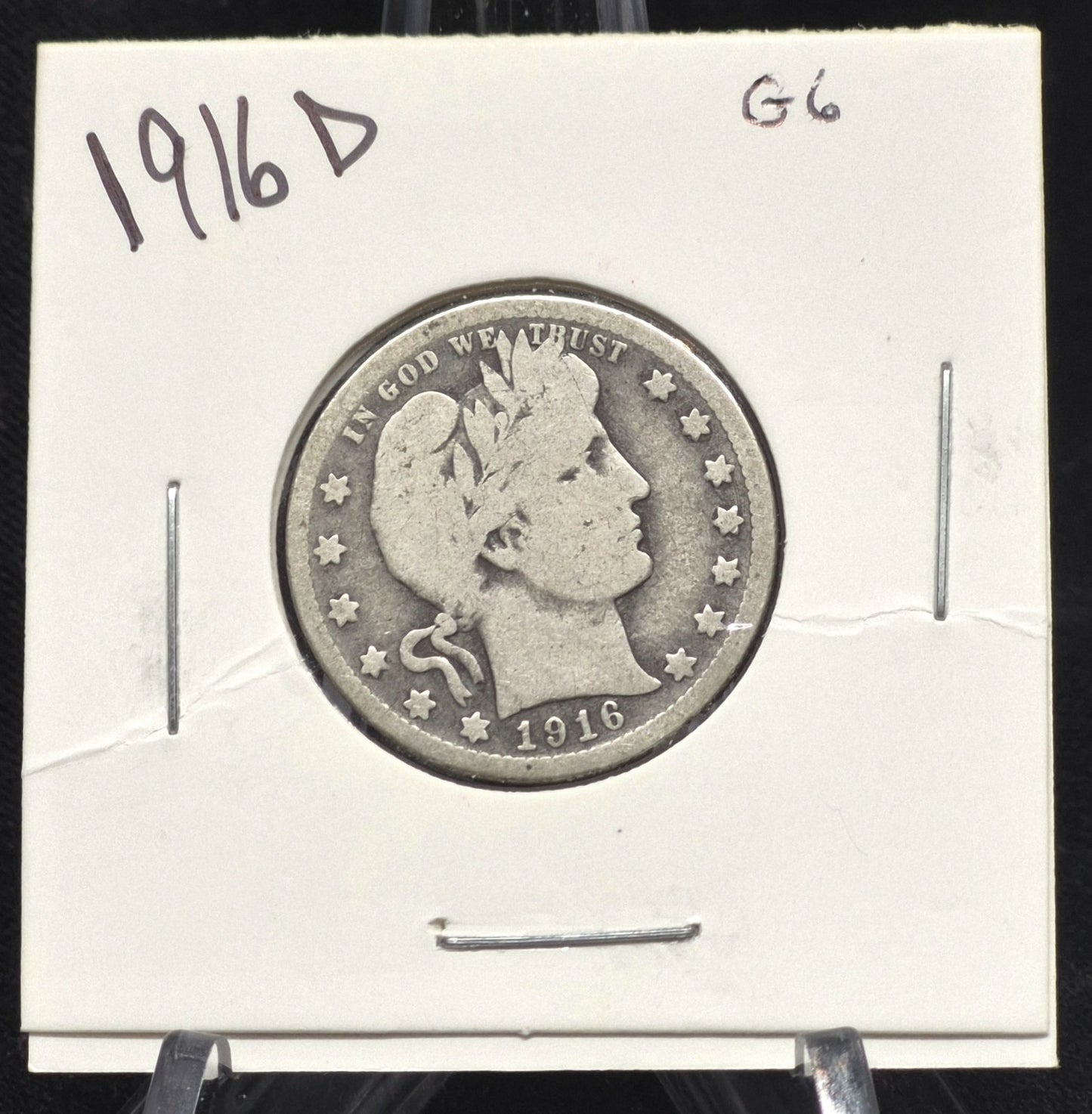 1916 D Barber Quarter 🥈90 % SILVER Good Condition Partial Motto Last Yr Minted