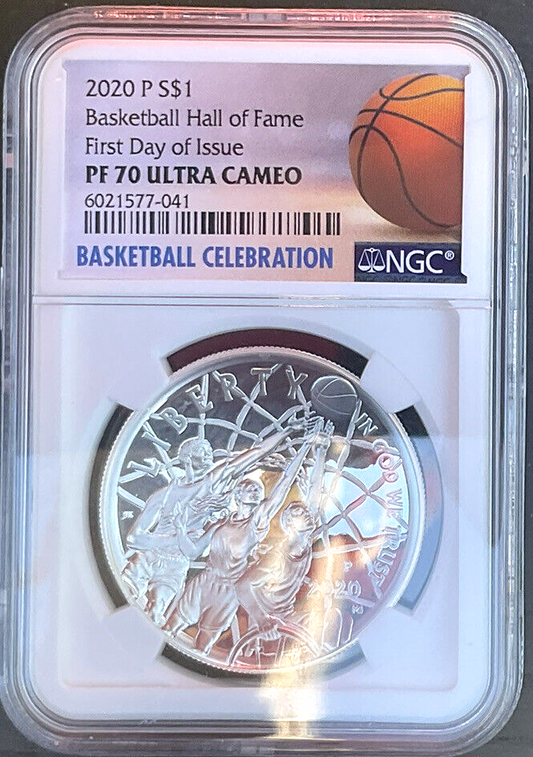 2020-P Proof $1 Basketball Hall of Fame Silver NGC PF70UC FDOI Celebration Label