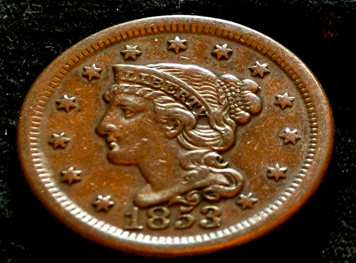 1853 Braided Hair Large Cent Beautiful AU Details Full Liberty Rich Brown Color