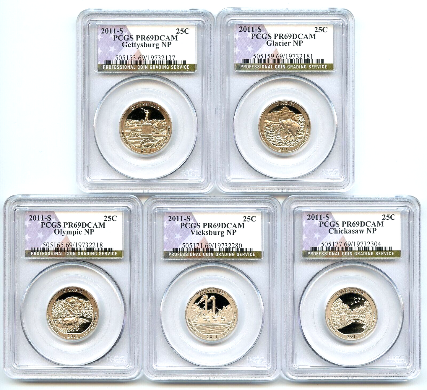 2011 S National Parks 5 Coin Quarter Set PCGS PR69DCAM Special Flag NP Label