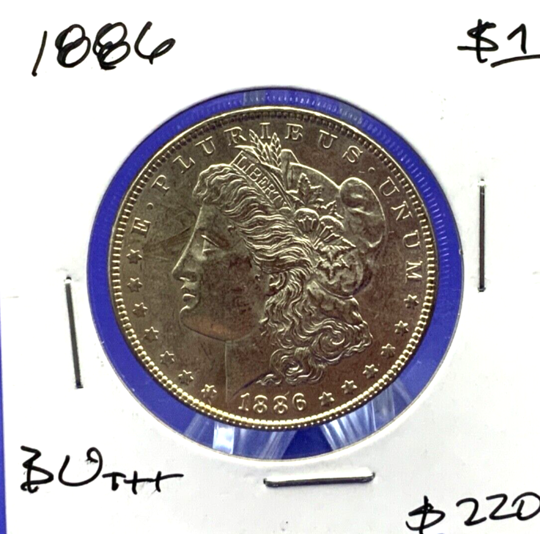 1886 Morgan 90% Silver Dollar BU Gem Shiny, Bright, Well Struck Coin