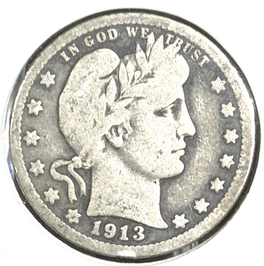 1913 Barber Silver Quarter 90 % SILVER Much Harder Date Coin Very Good Condition