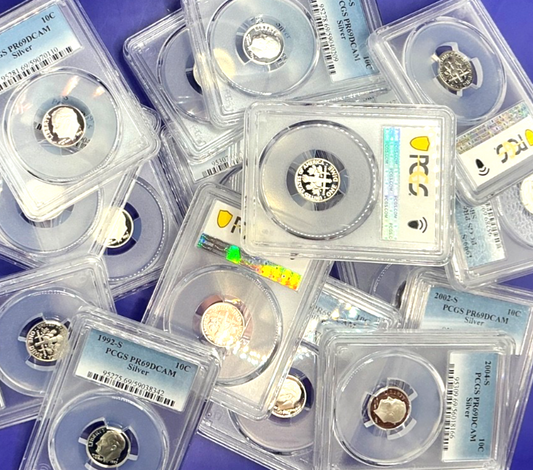 { 5 } 90% SILVER Dime Proof Coins PCGS ONLY PR69DCAM + PCGS Storage Box & BAGS