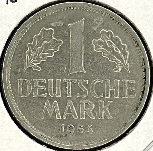 1954 G German 1 Mark Coin Old Holder w/ Writing KEY DATE