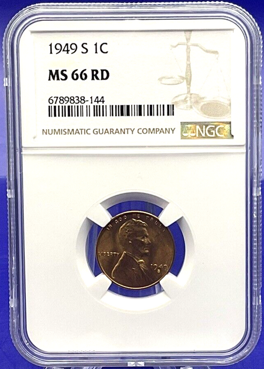 βοΈ 1949-S LINCOLN WHEAT CENT 1C NGC MS 66 RD π₯ Fire Red Color UNCIRCULATED Coin