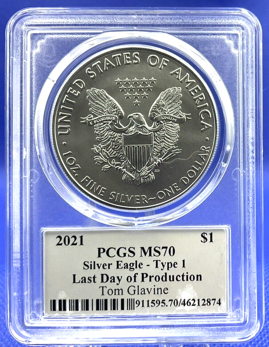 TOM GLAVINE ✅ 2021 Silver Eagle T-1 PCGS MS70 Last Day - Legends of Life ✅