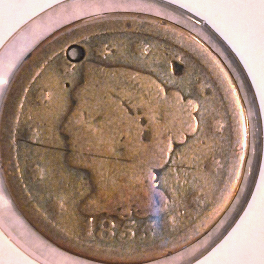 1855 Braided Hair Large Cent Slant 5's Variety AG or Less Jewlery Hole