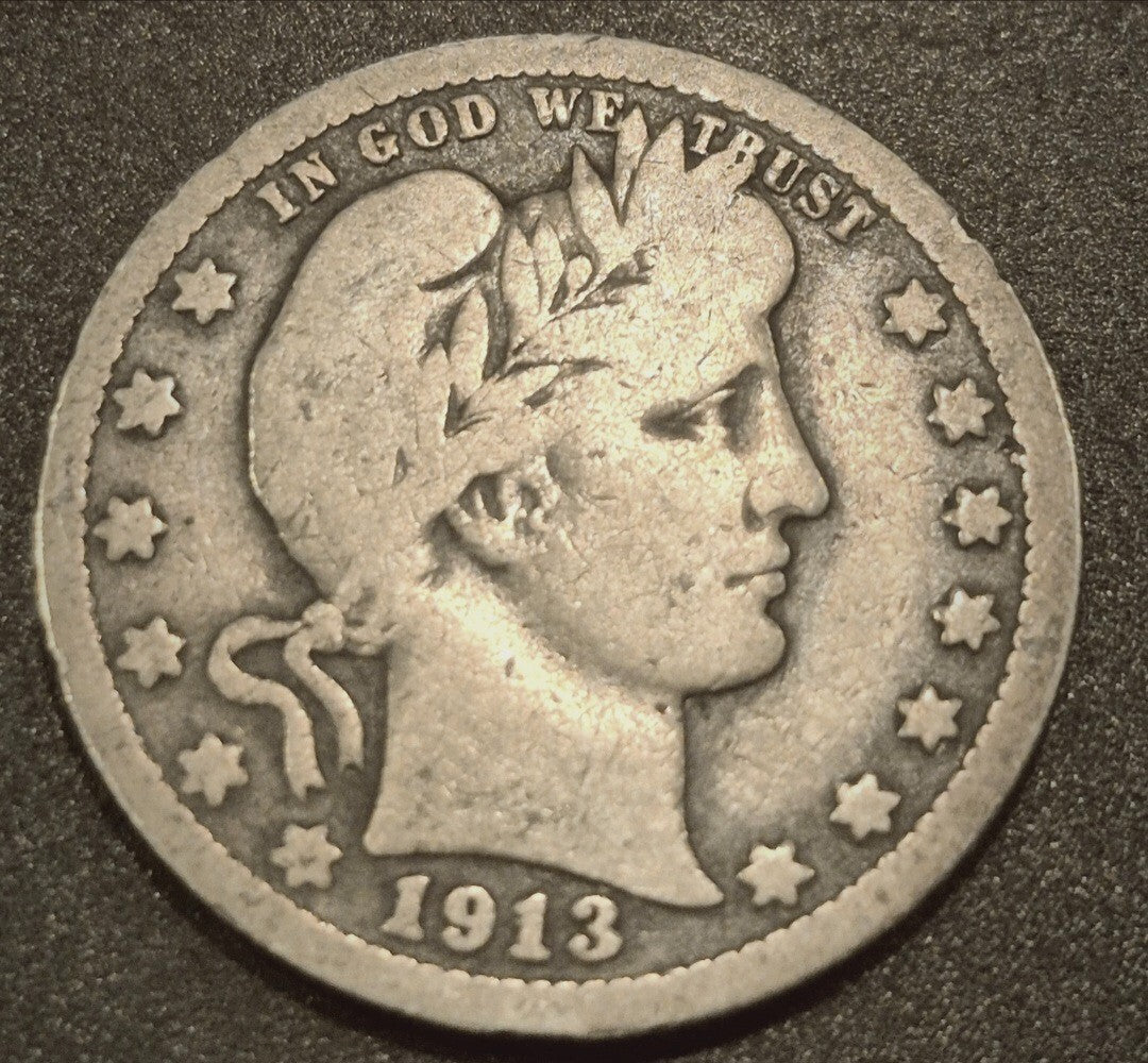 1913 Barber Silver Quarter 90 % SILVER Much Harder Date Coin Very Good Condition