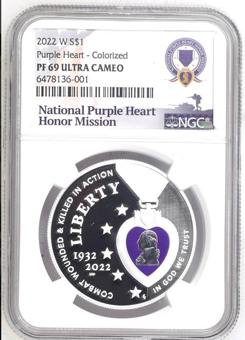 π 2022W Colorized Purple Heart .999 Silver $1 Dollar NGC PF69 ULTRA CAMEO π