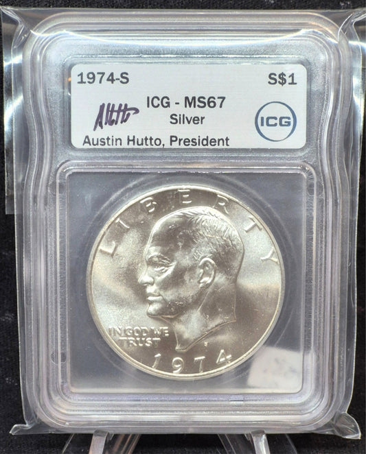 😎1974-S Eisenhower $1 Silver 40% MS67+ ICG 🔥Signed by Ustin Hutto, President🔥
