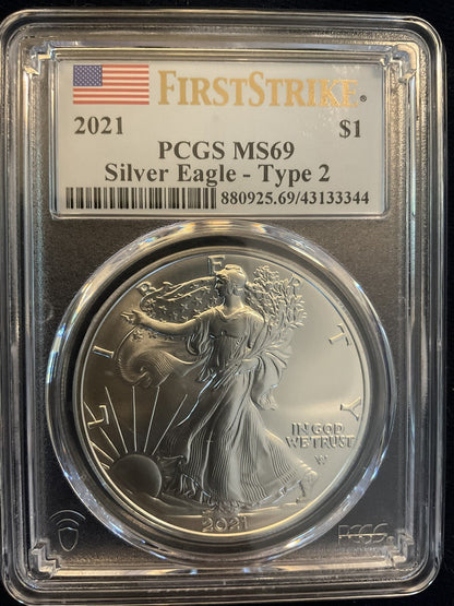 🔥 🔥 2021 $1 American Silver Eagle Type2 First Strike USA Flag PCGS MS69 .999🔥